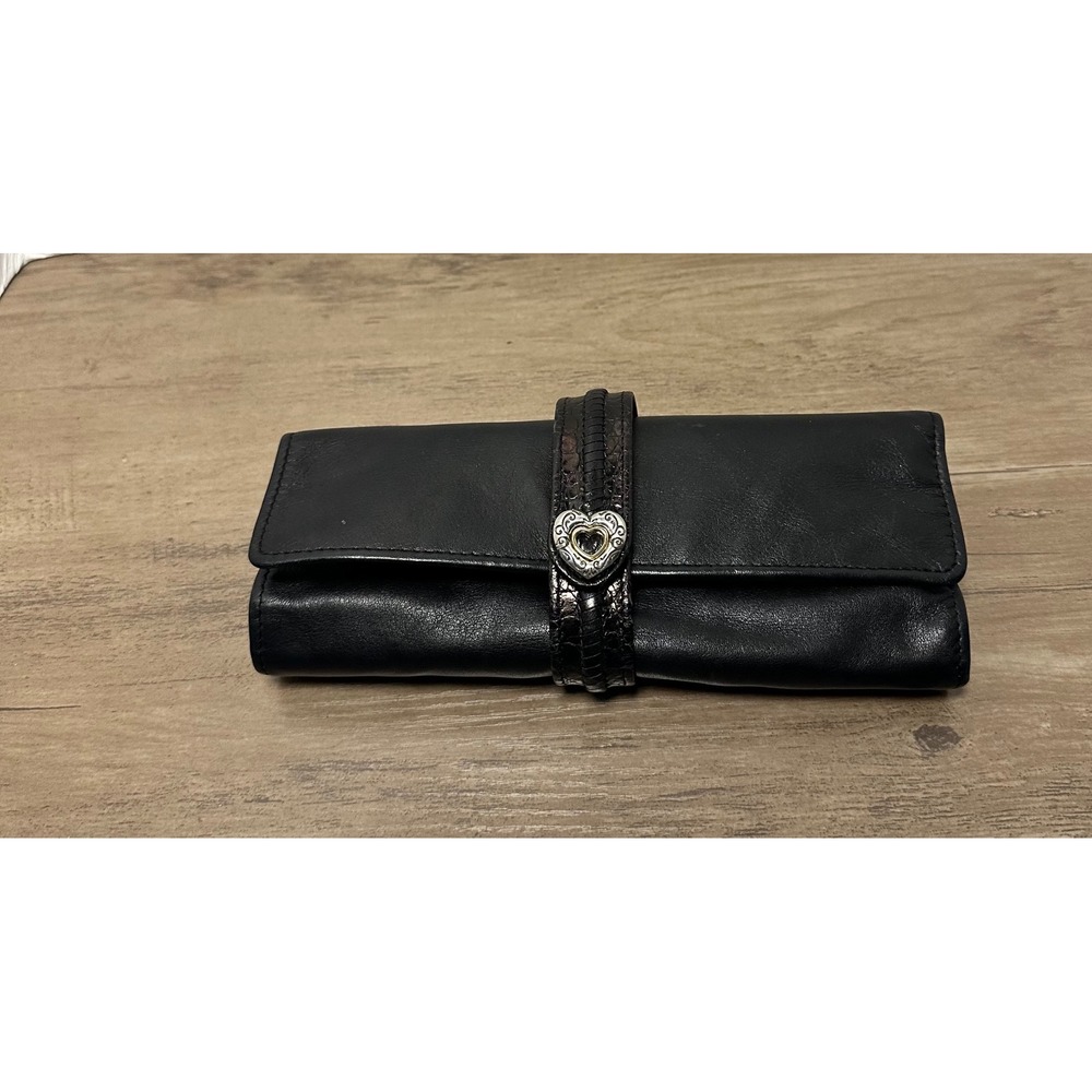 Brighton Black Leather Jewelry Organizer Roll Travel Heart‎ Charm Snap Closure